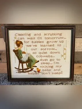 Art | Vintage Framed Cross Stitch Wall Art Mother Rocking Baby Babies ...